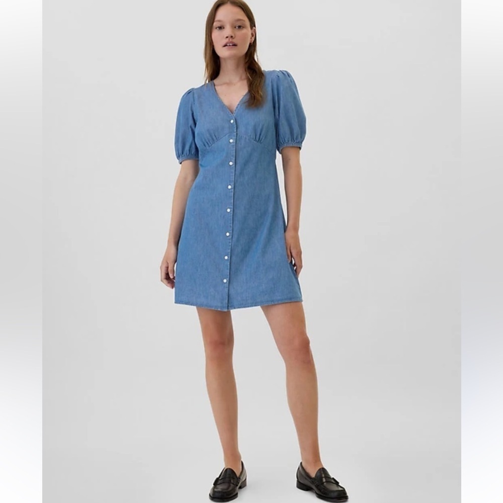 NWT Gap Puff Sleeve Button-Front Chambray Denim Mini Dress Size Medium